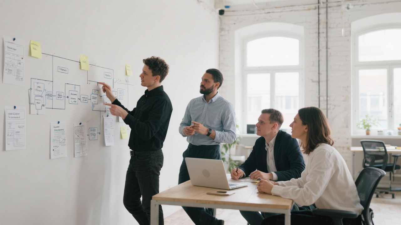 Small consulting team collaborating in a bright Berlin loft office, reviewing process maps pinned on a wall while discussing actionable next steps with focus