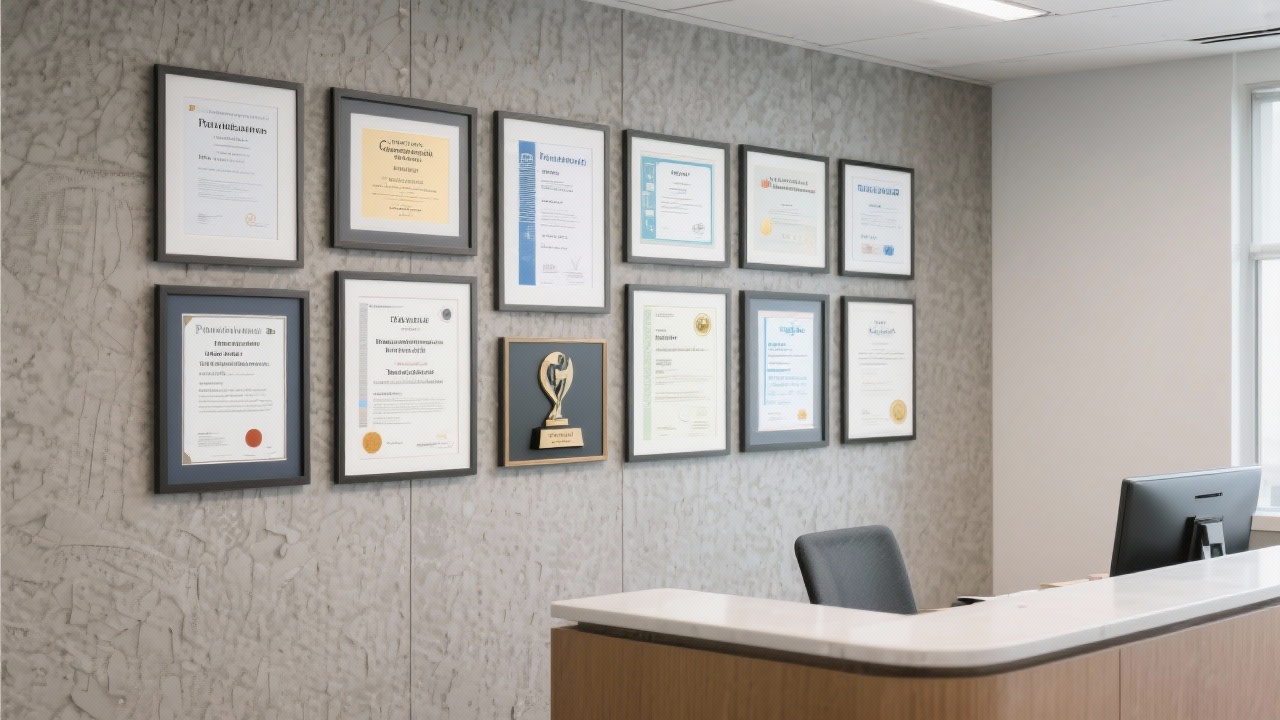 Collection of framed professional certifications and industry awards displayed on a textured wall in a modern consulting office reception area
