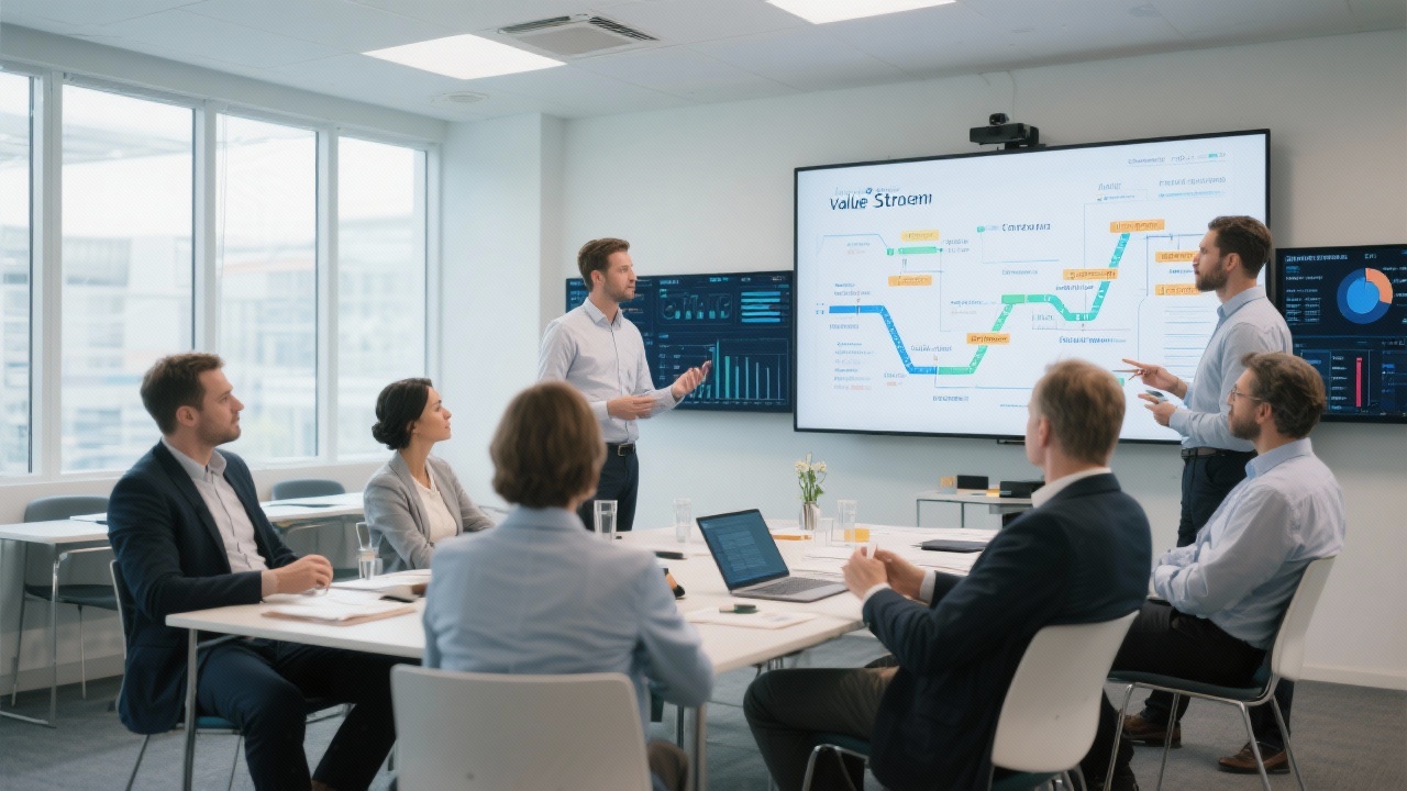 Consultants facilitating a workshop with value stream maps and digital dashboards in a spacious strategy room, guiding executives through structured decision making