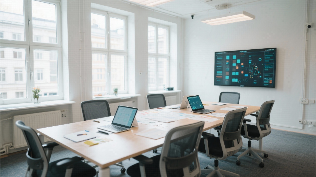 Bright consulting office in Berlin with large windows, meeting table and digital collaboration tools prepared for client workshops and strategic sessions