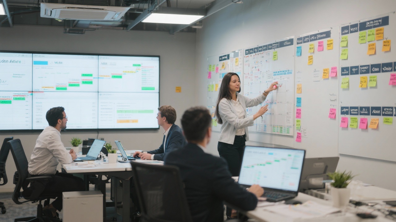 Project management office with Kanban walls, large screens and consultants monitoring milestones while coordinating hybrid work sessions