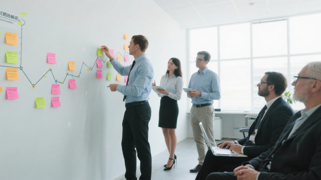 Strategy consultants aligning colorful roadmap sticky notes on a large wall, prioritizing initiatives while presenting to senior stakeholders in a bright office